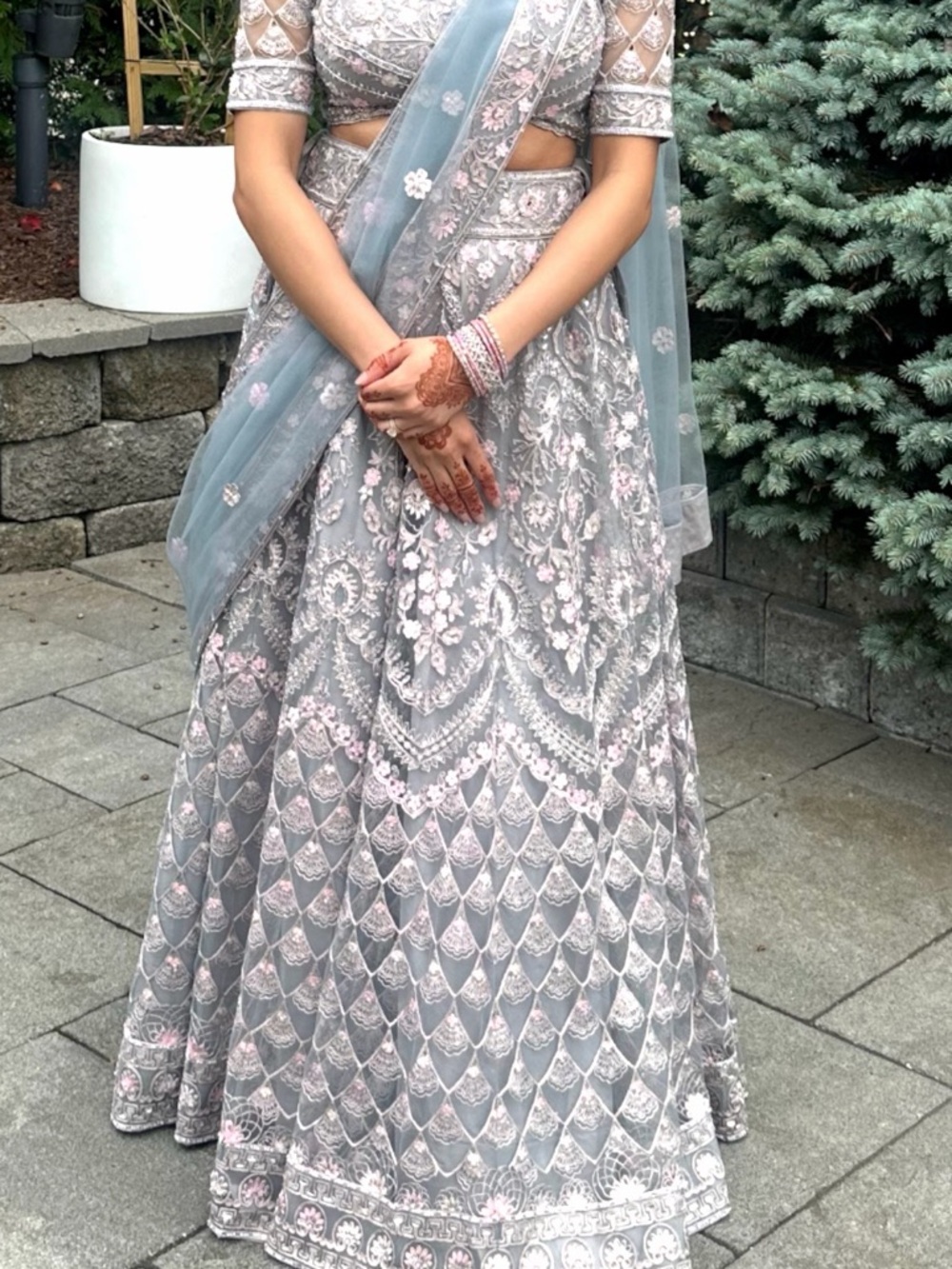 Embellished Silver-Gray Floral A-Line Dress with Sheer Sash